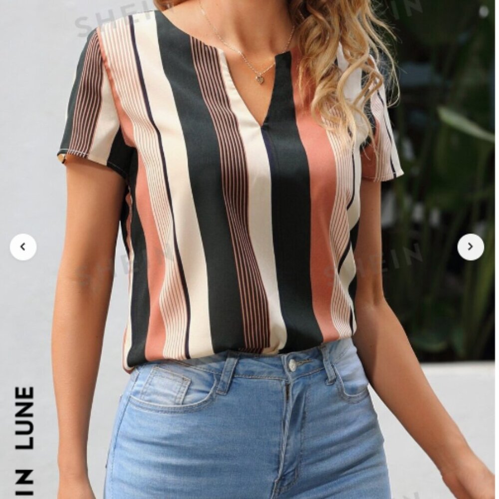 LUNE Colorful Striped Notched Blouse